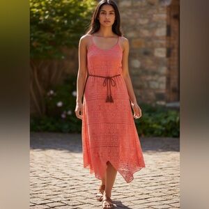 No Boundaries Coral Crochet High-Low Dress with Tassel Belt